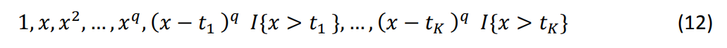 TPS аппроксимирует неизвестную функцию 𝑓𝑗, используя линейную комбинацию следующих баз (обозначенных как 𝐵0(𝑥), 𝐵1(𝑥), ..., 𝐵𝑞+𝐾(𝑥))